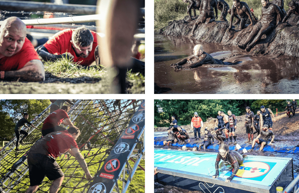 Collage of Team AHK tackling Tough Mudder obstacles, including mud runs and climbing challenges.